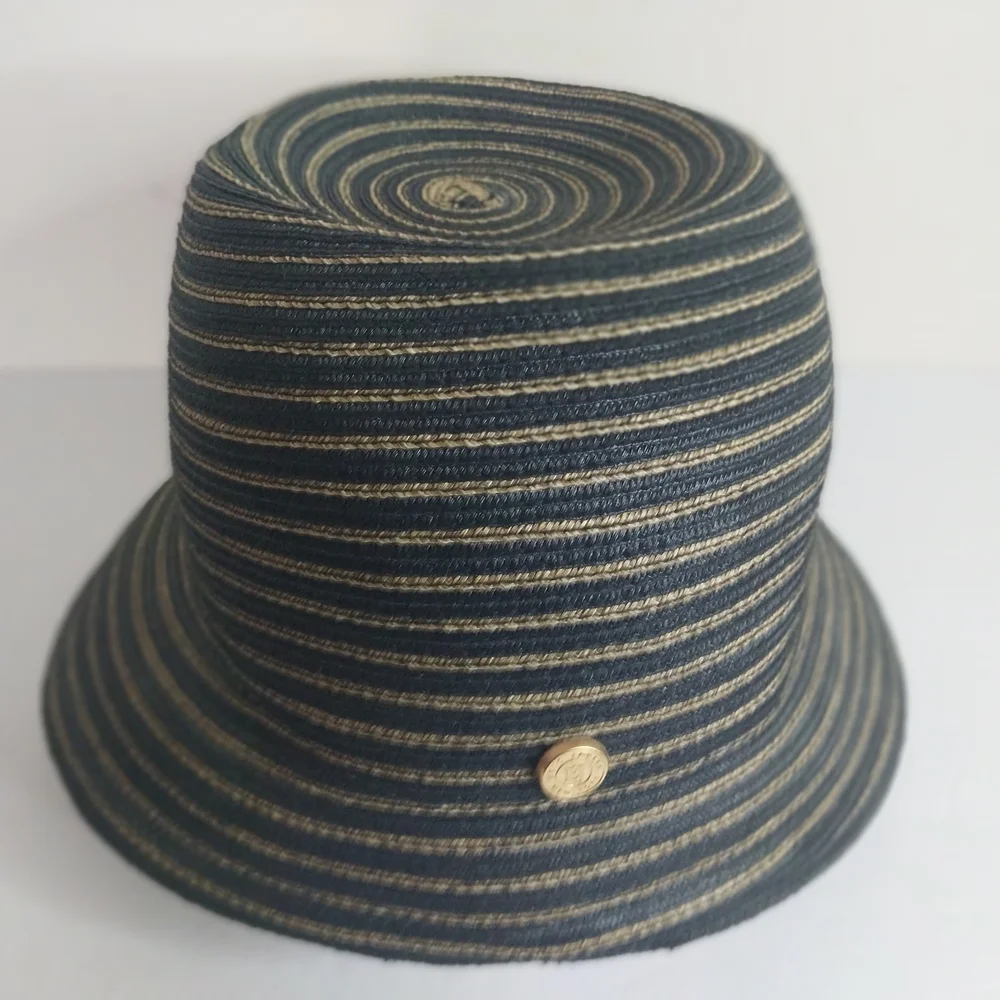 Eric Javits Navy and Natural Straw Hat with Gold Logo Button - Picture 2 of 8